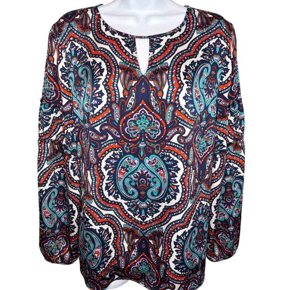 Talbots Womens Navy Orange Paisley Long Sleeve Top Sz M Flowy Bohemian Career